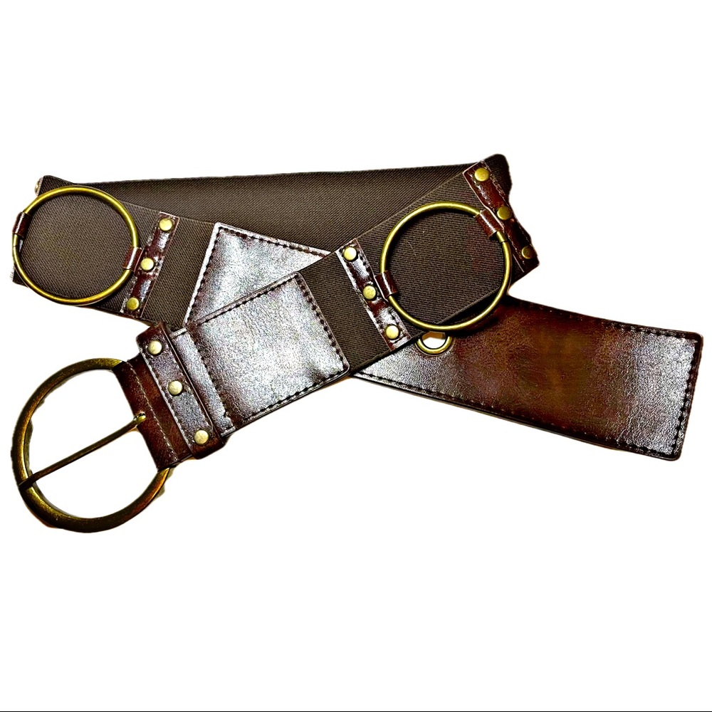 Brown Faux Leather Antique Brass Hardware Elastic Back Belt